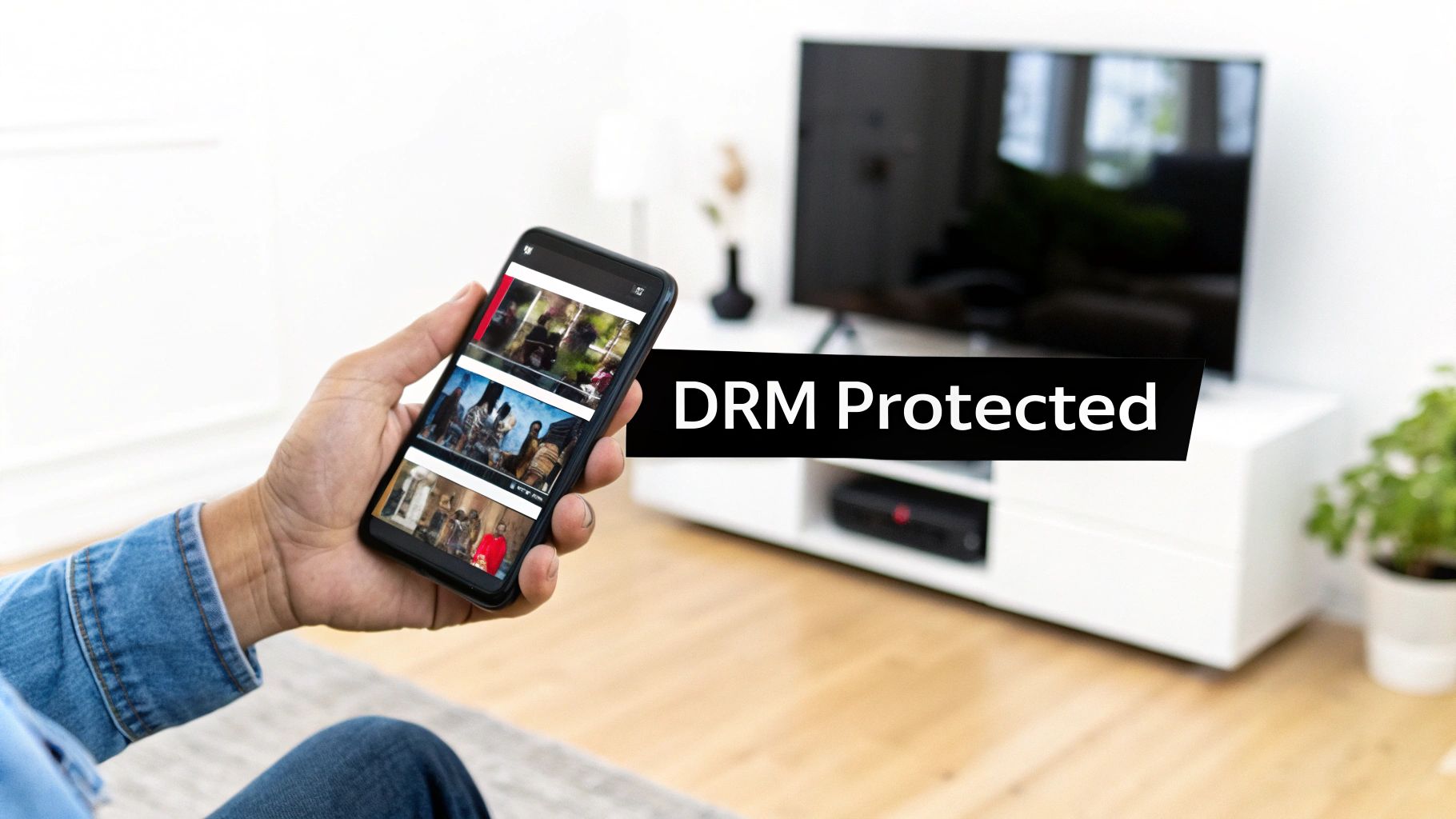A person holds a smartphone displaying video content, with a 'DRM Protected' banner overlaid in a living room setting.