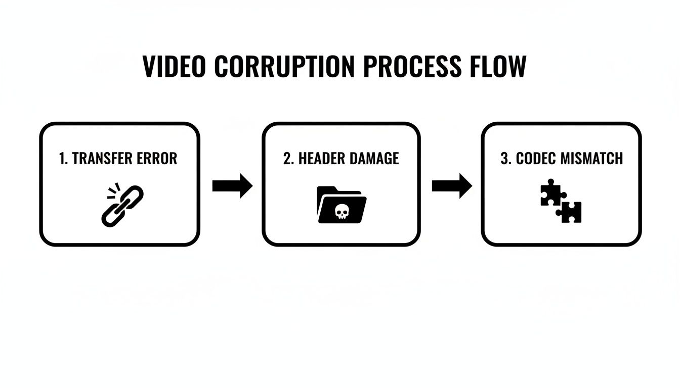 Flowchart detailing the video corruption process: transfer error, header damage, and codec mismatch causes.