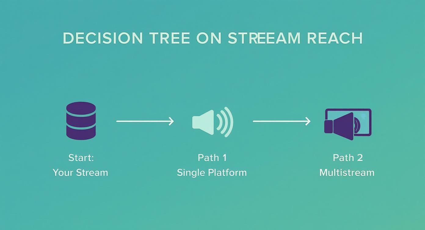 Decision tree illustrating stream reach options: starting your stream, then single platform, then multistream delivery.