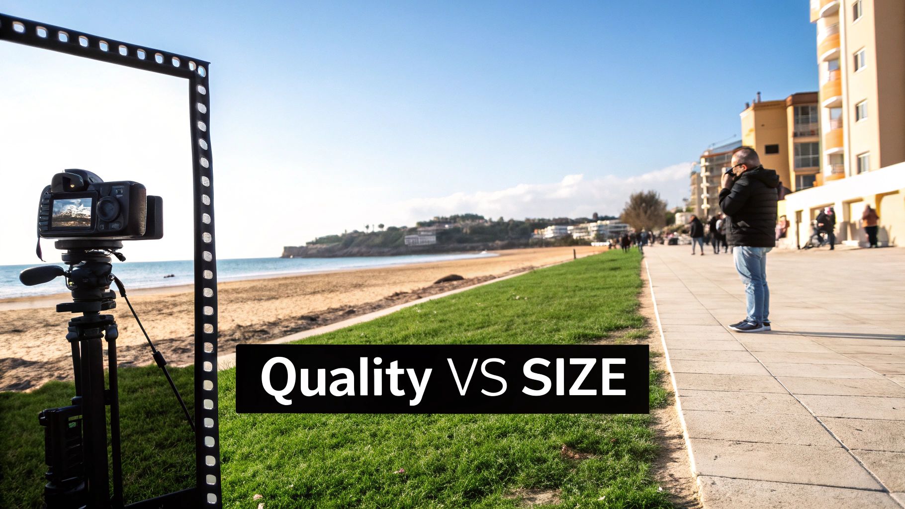 A digital camera on a tripod is positioned on a grassy area overlooking a beach and buildings, with 'Quality VS SIZE' text.