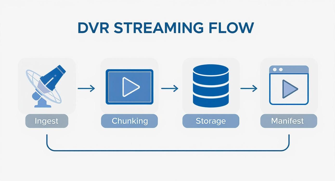 Diagram illustrating the DVR streaming flow, showing steps: Ingest, Chunking, Storage, and Manifest.