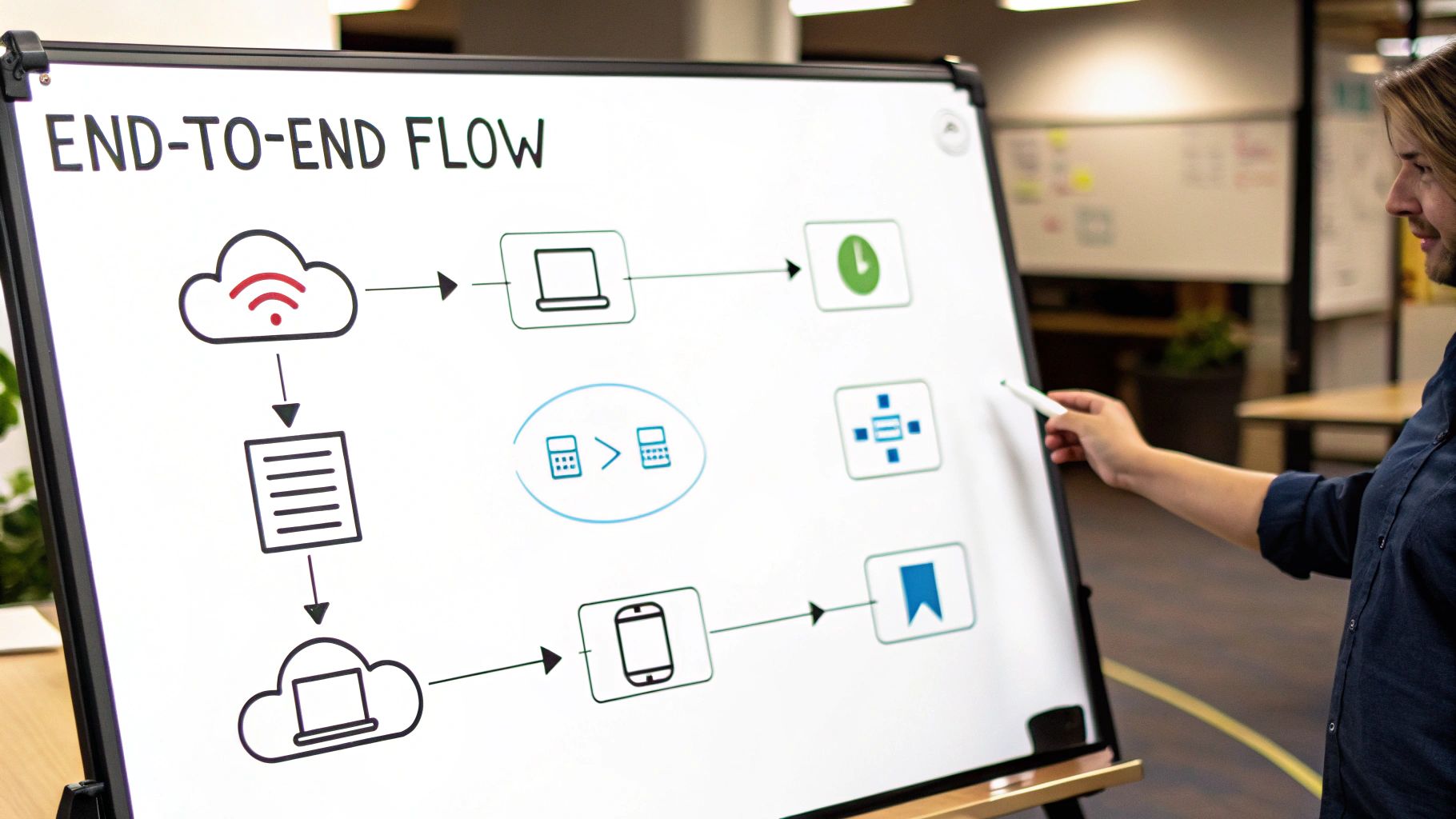 A person points to an end-to-end flow diagram on a whiteboard, illustrating a digital process.