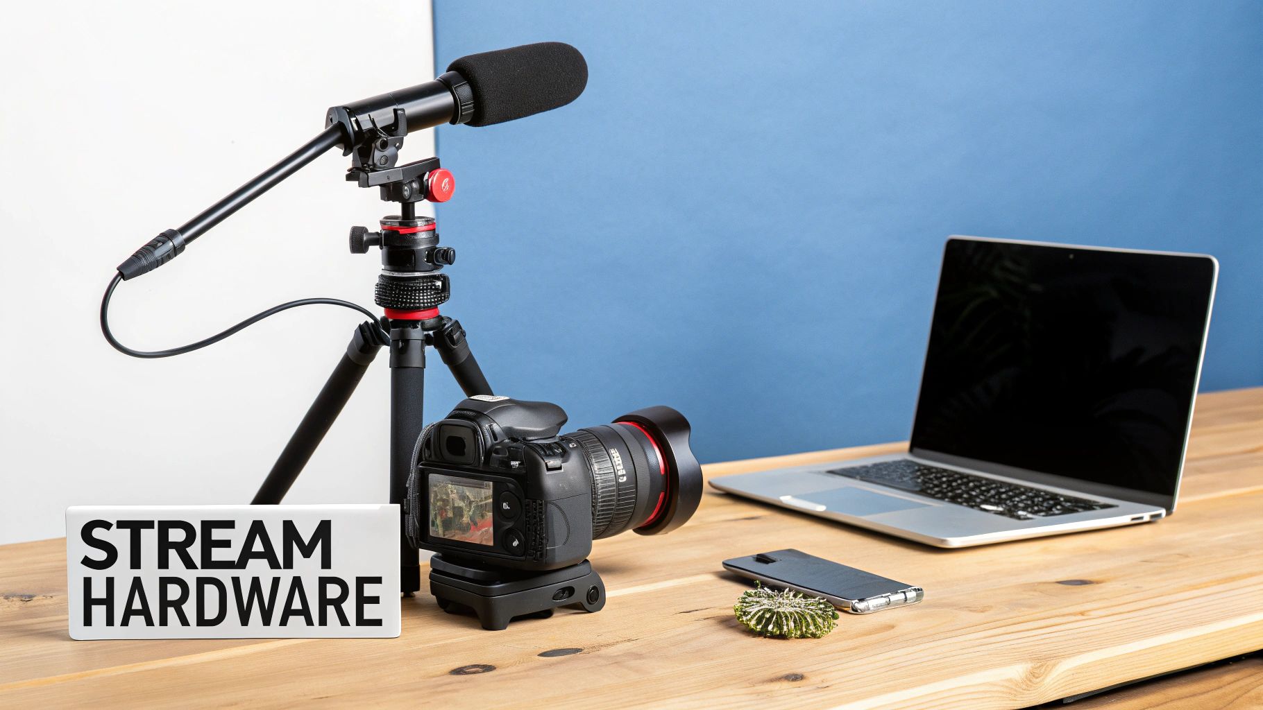 Laptop screen showing a live streaming software interface with scenes and sources