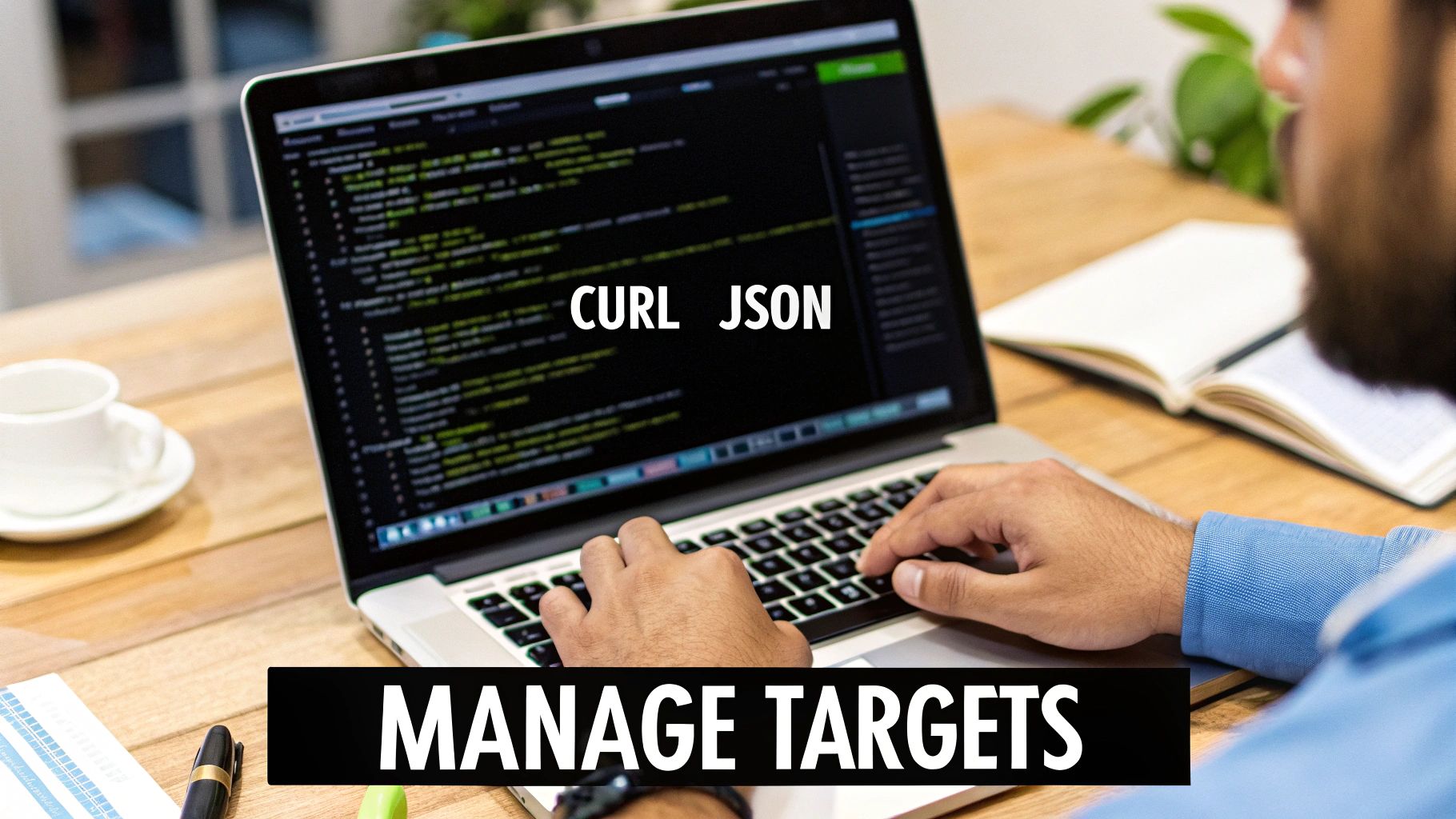 A person is typing on a laptop displaying code, with 'CURL JSON' and 'MANAGE TARGETS' text overlays.