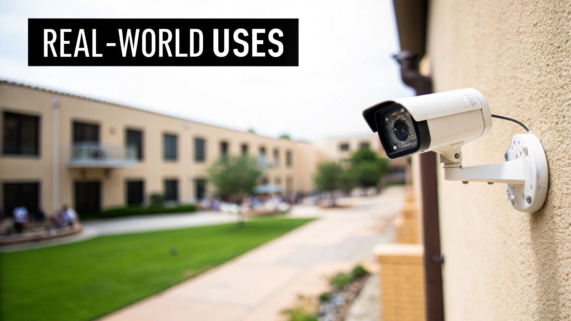 A white security camera is mounted on a textured building wall, overlooking a college campus.
