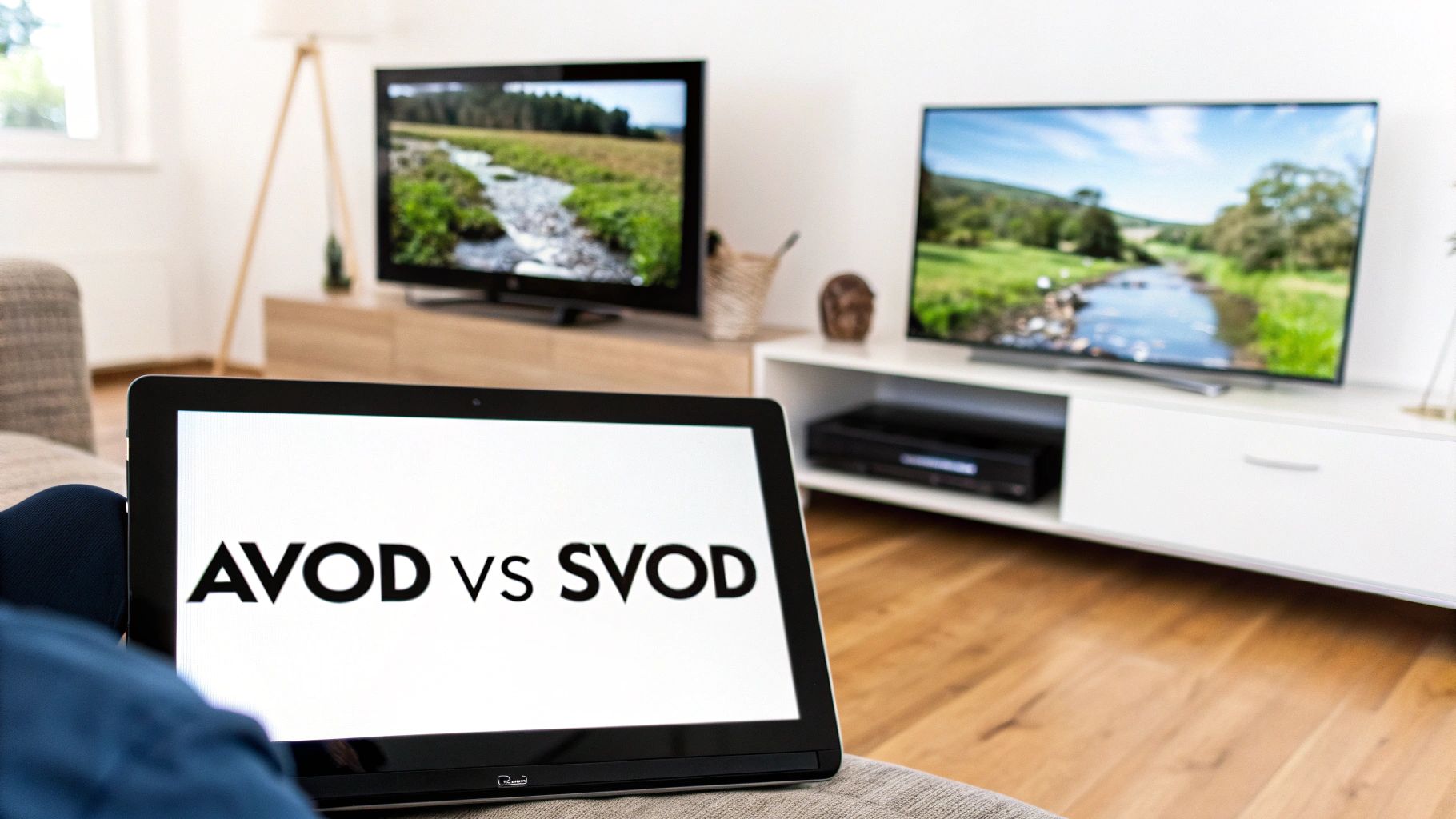 Person watching 'AVOD vs SVOD' on a tablet screen, with two televisions displaying nature scenes in a living room.