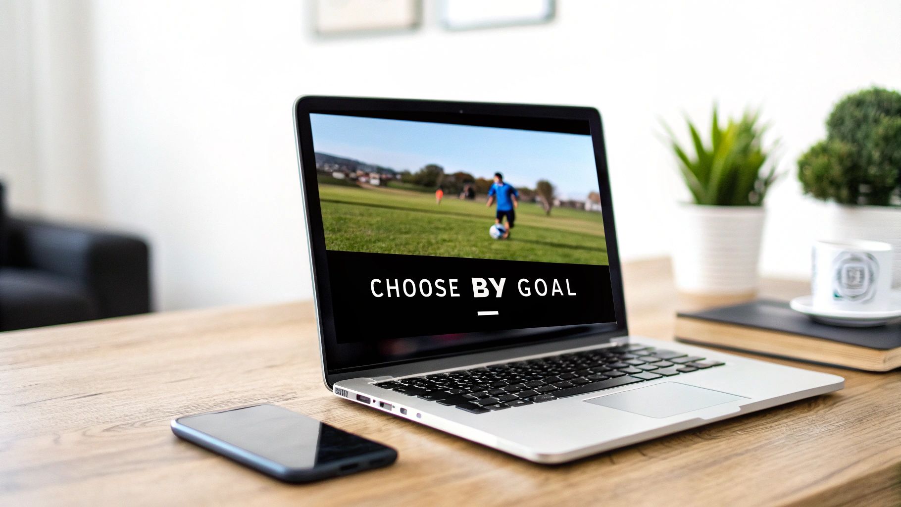 A laptop on a wooden desk displays a screen with a soccer player and the text "CHOOSE BY GOAL".