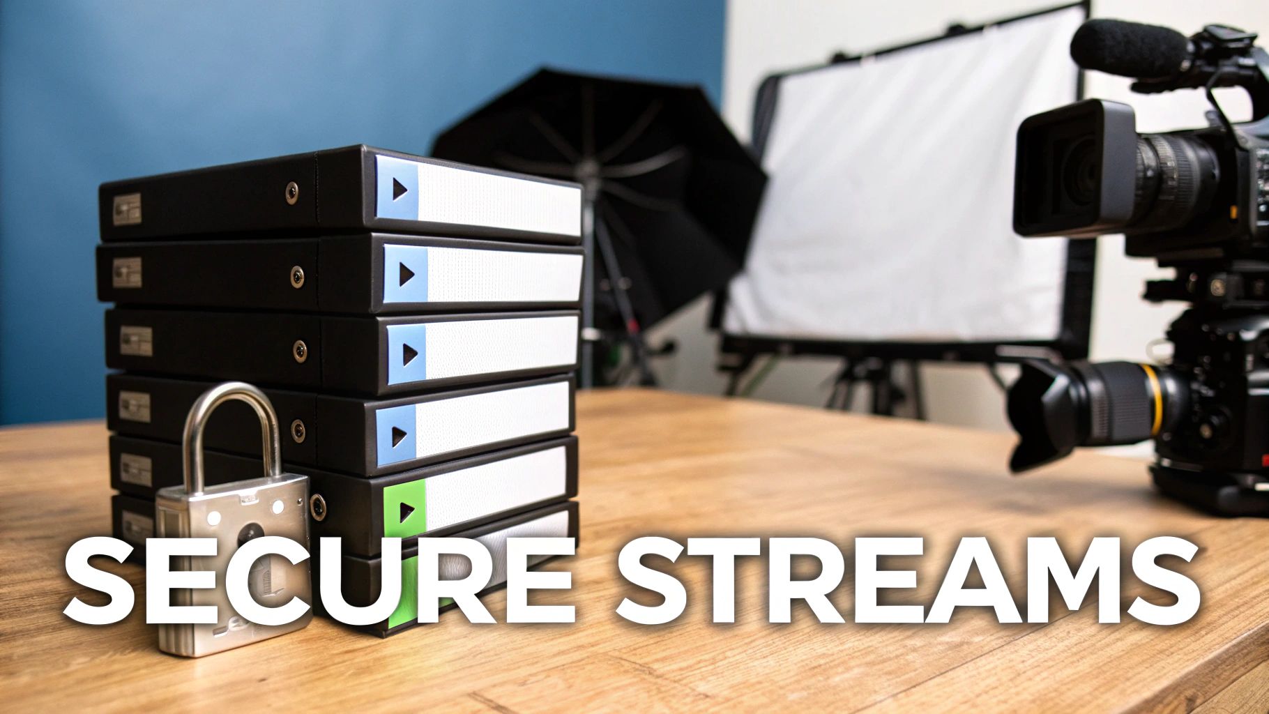 A stack of black video tapes with a padlock, video camera, and studio lights, symbolizing secure streams.