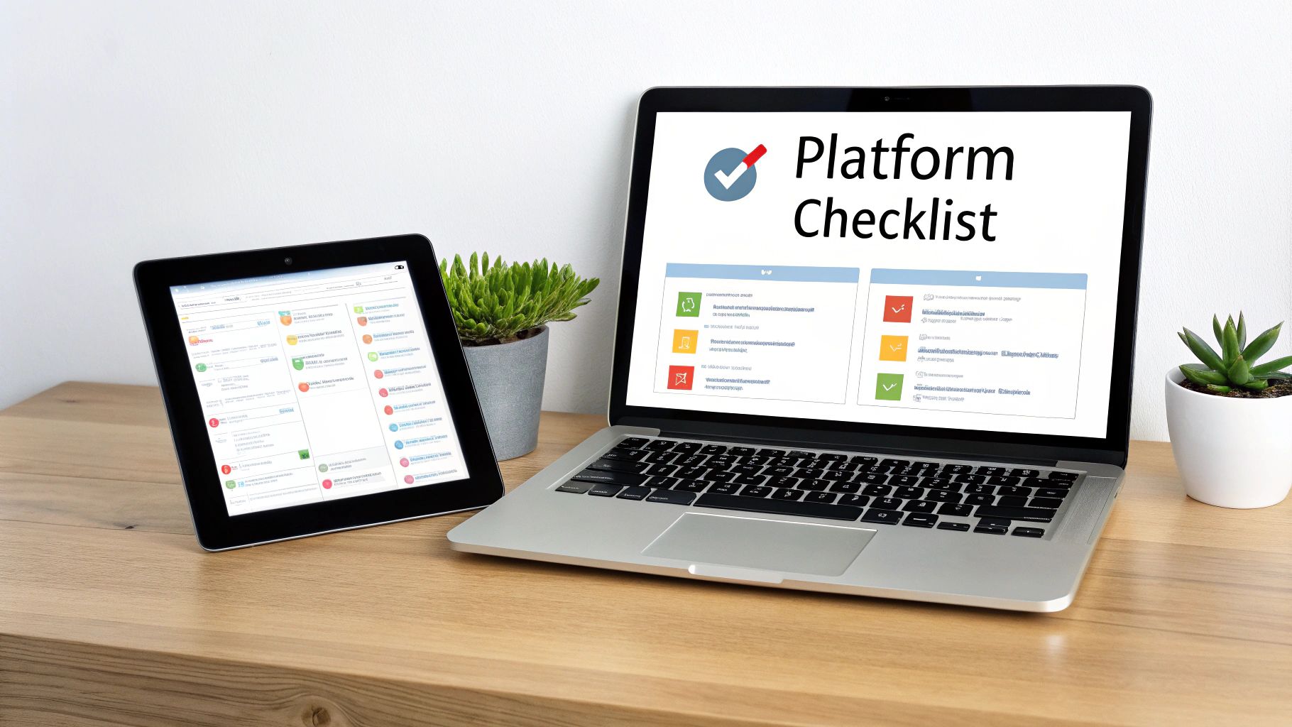 A laptop and a tablet on a wooden desk display a platform checklist interface, with potted plants.