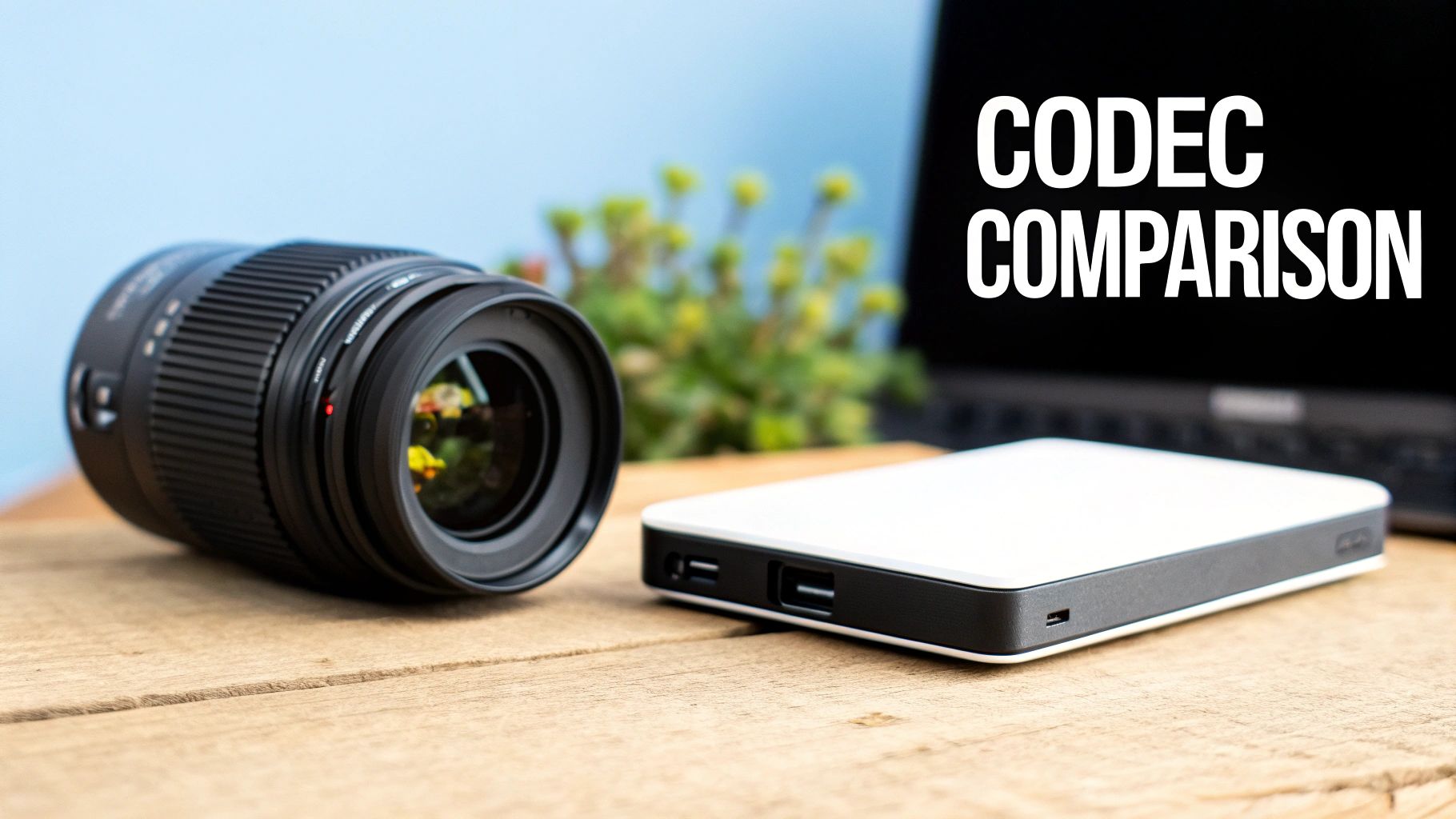 A camera lens, a white power bank, and a laptop displaying 'CODEC COMPARISON' on a wooden surface.