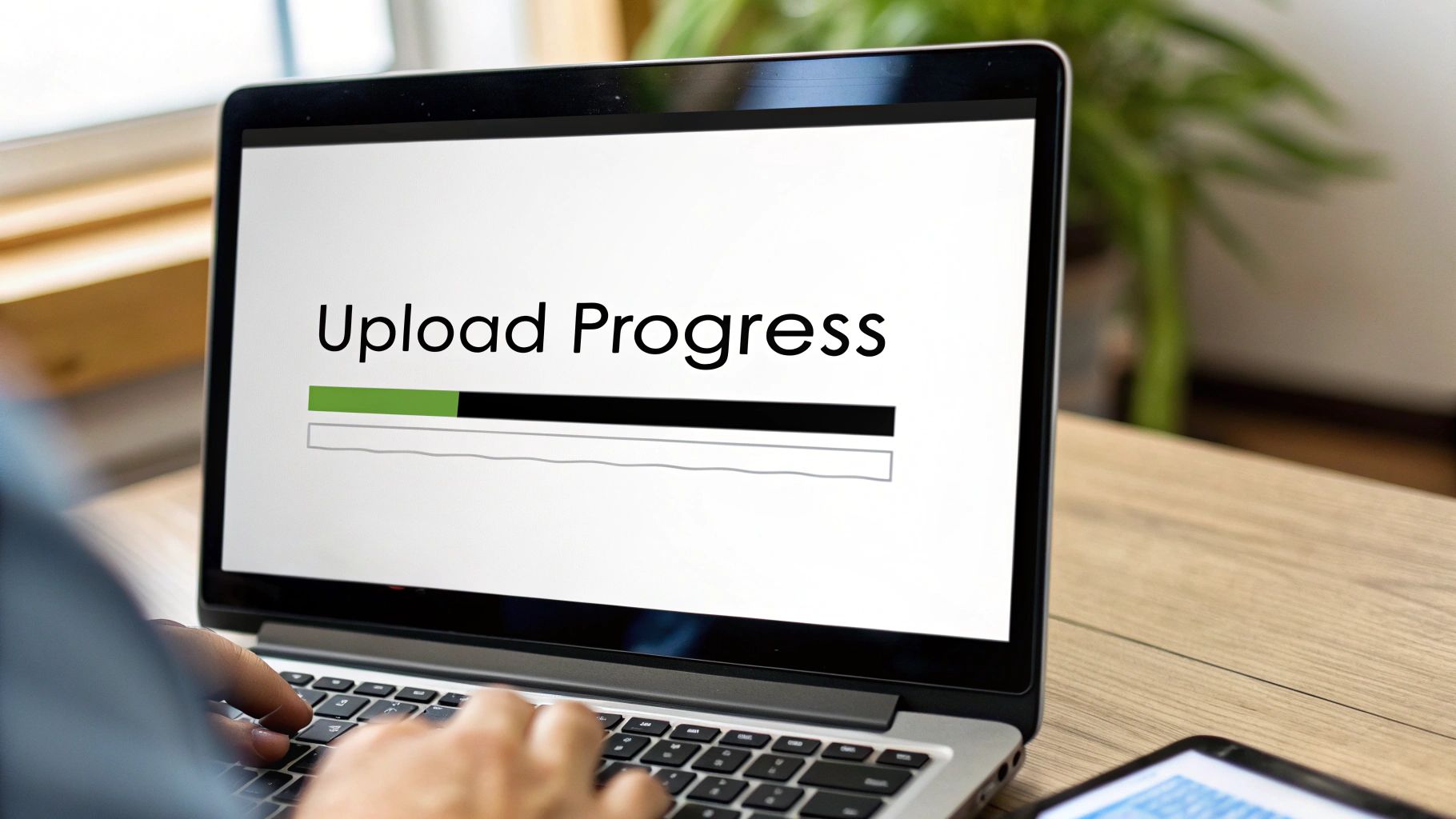 A person works on a laptop showing 'Upload Progress' with a green progress bar.