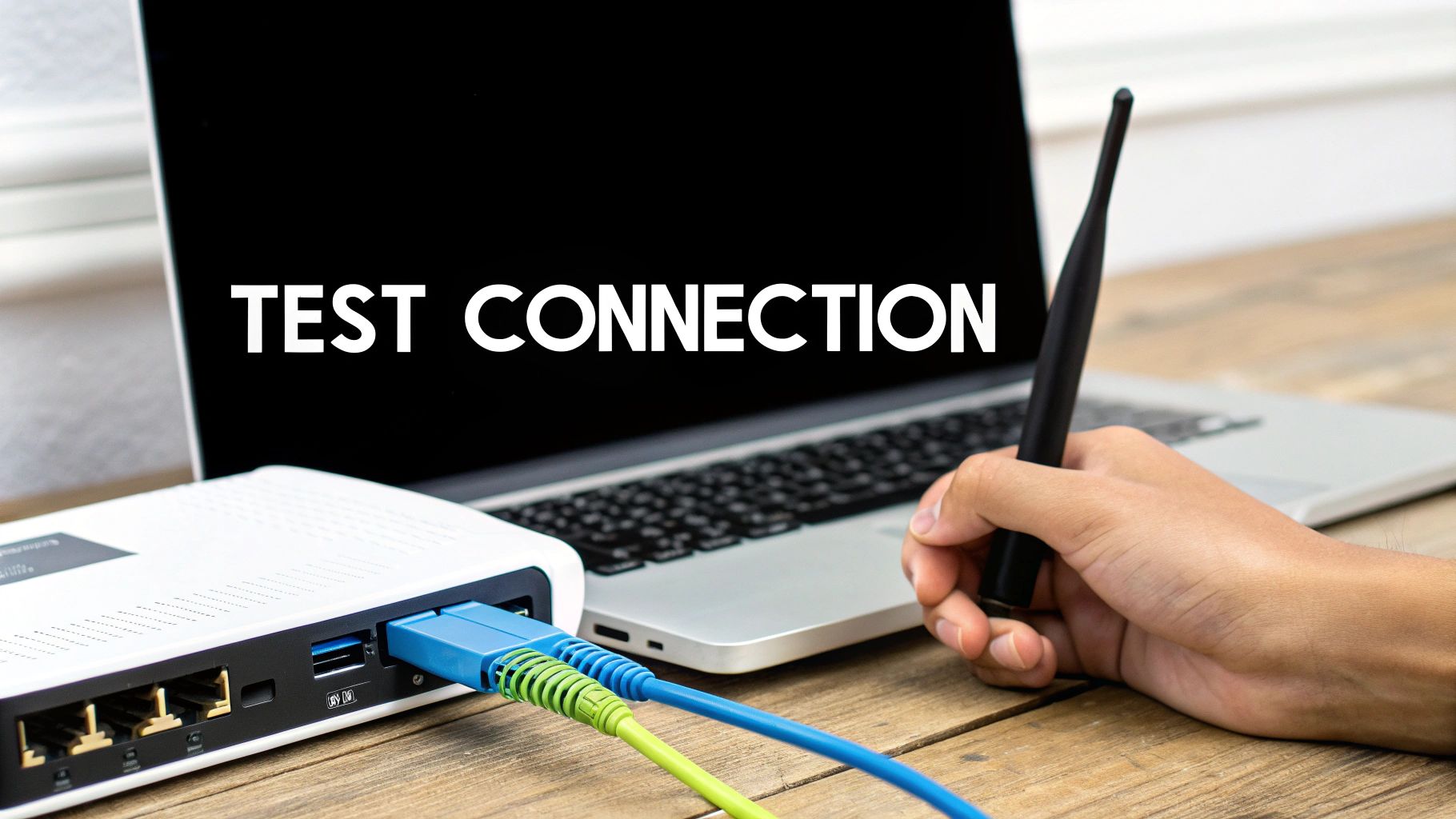 A laptop displays 'TEST CONNECTION' on its screen, connected to a router with blue and green cables.