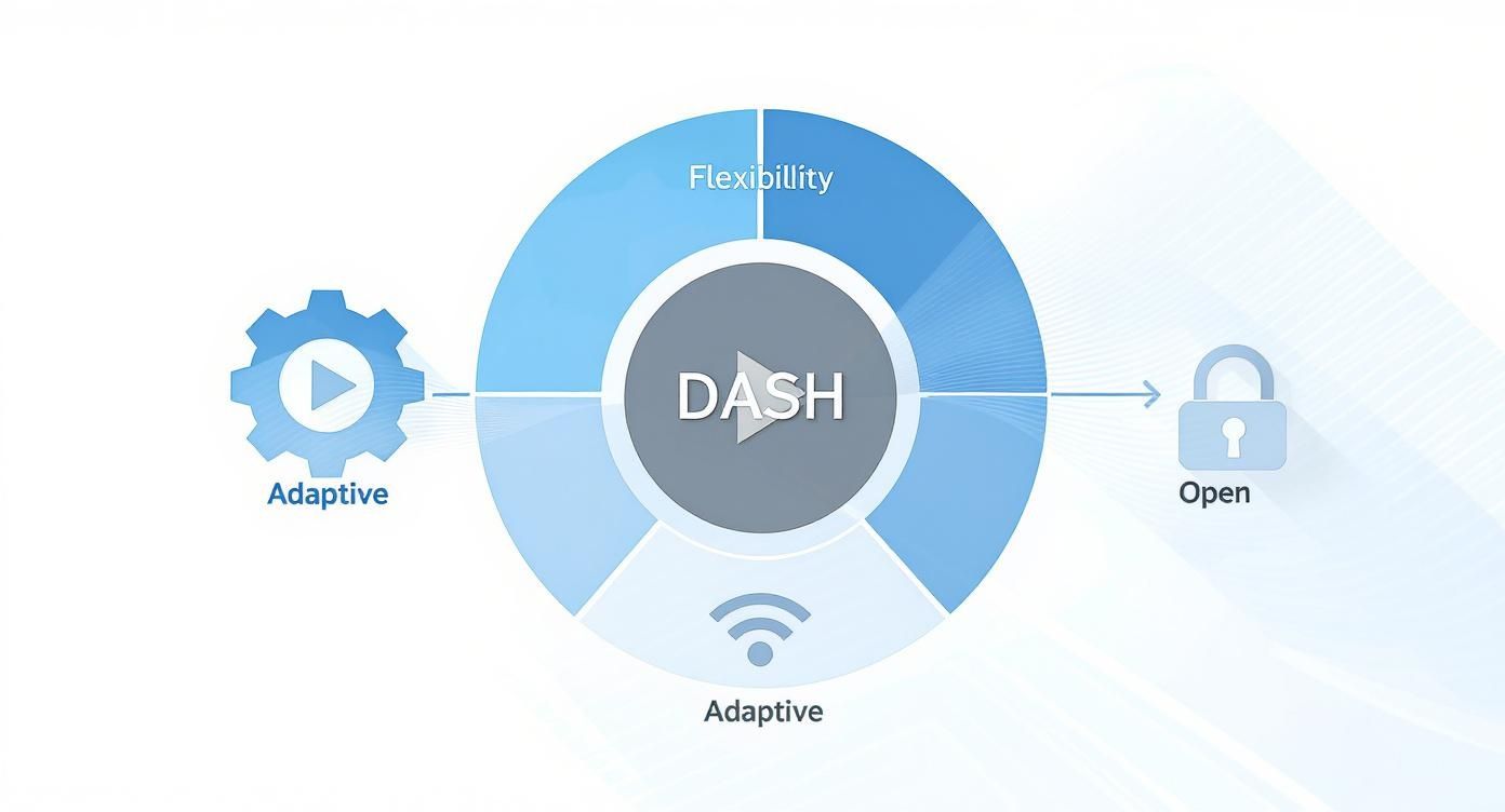 DASH video streaming technology diagram showing adaptive, flexibility, and open source features