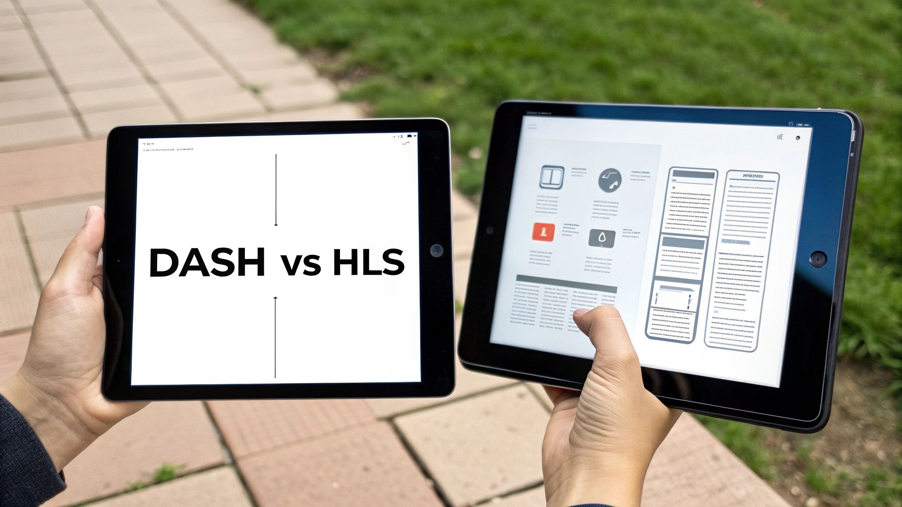 Person comparing DASH versus HLS streaming protocols on two tablets displaying technical diagrams outdoors