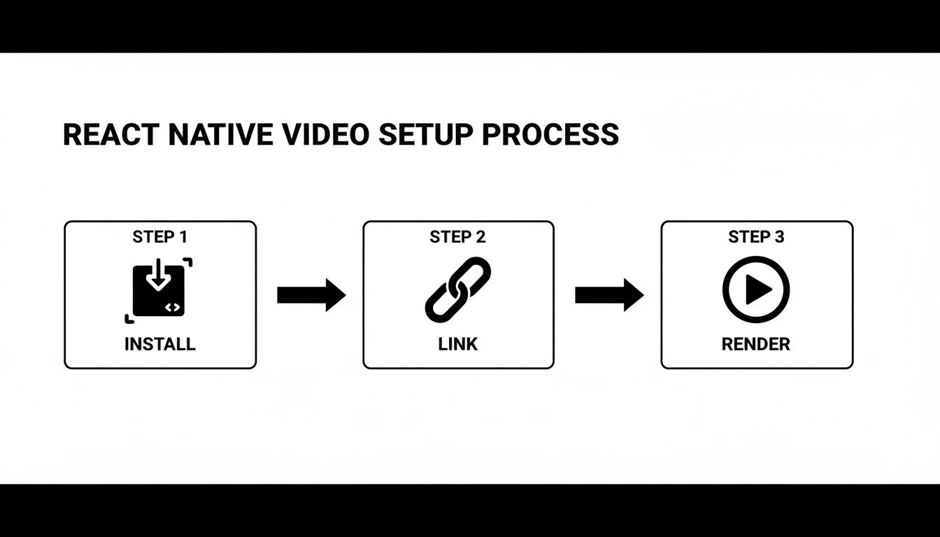 Flowchart illustrating the React Native video setup process: Install, Link, and Render steps.