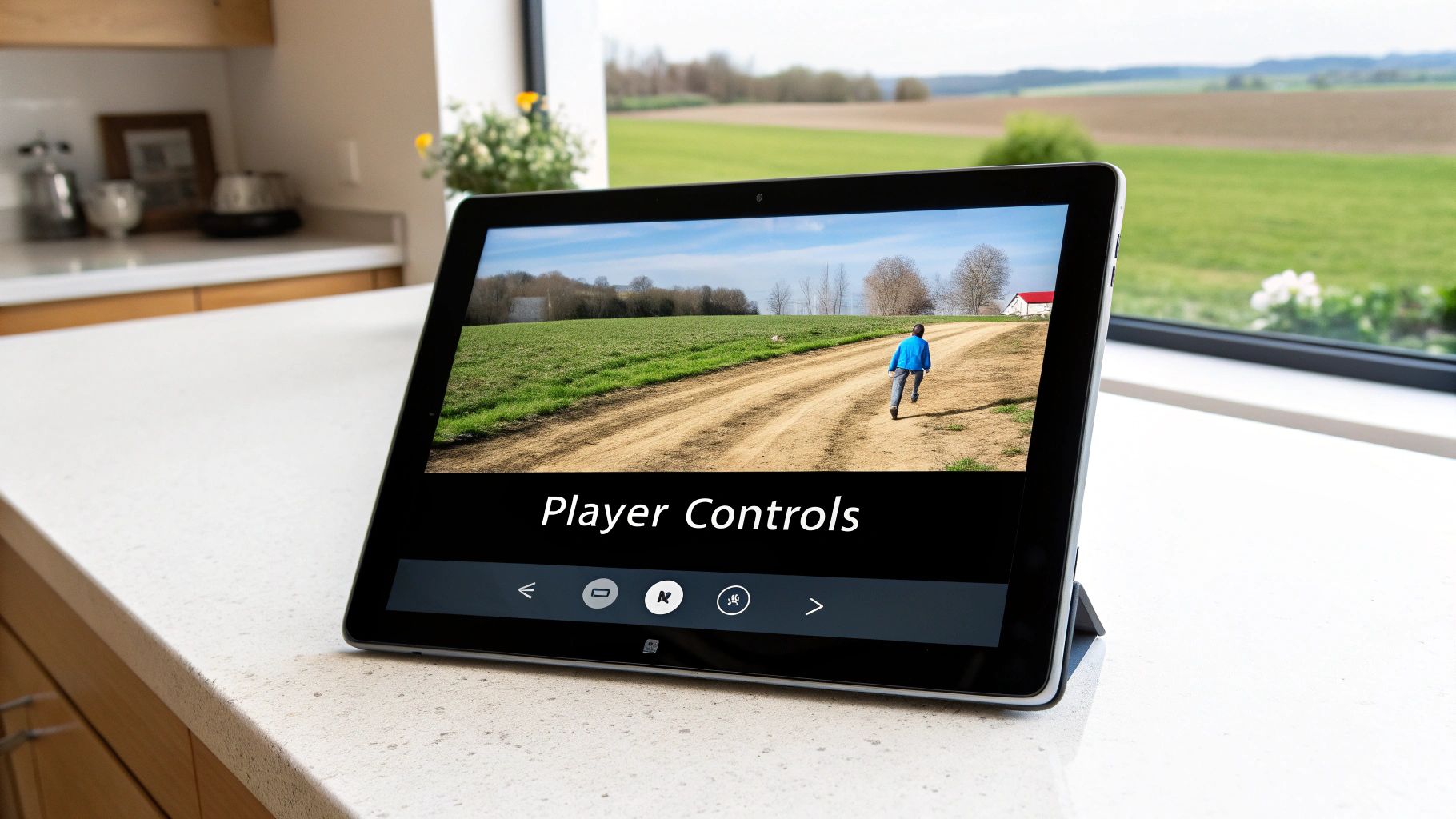 A tablet displays a video of a child running on a dirt path with 'Player Controls' on the screen.