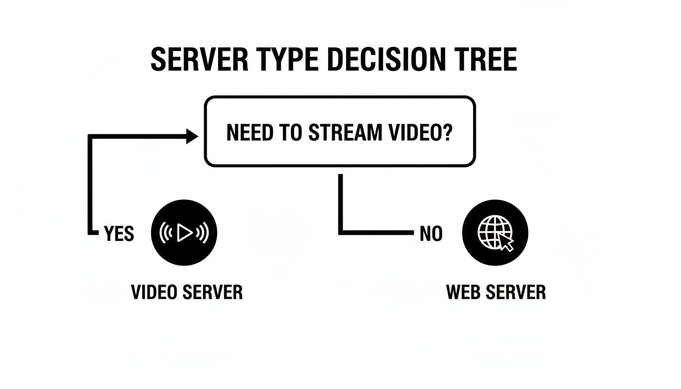 A decision tree for choosing server types. Yes to streaming video leads to video server, no to web server.