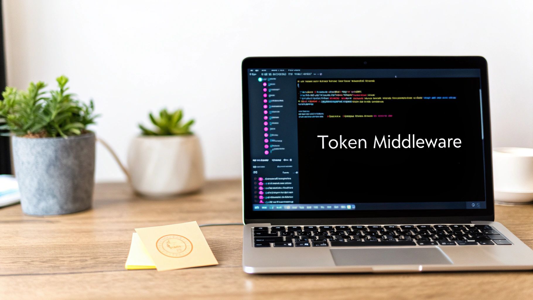Laptop displaying token middleware code on screen with plants and notepad on wooden desk