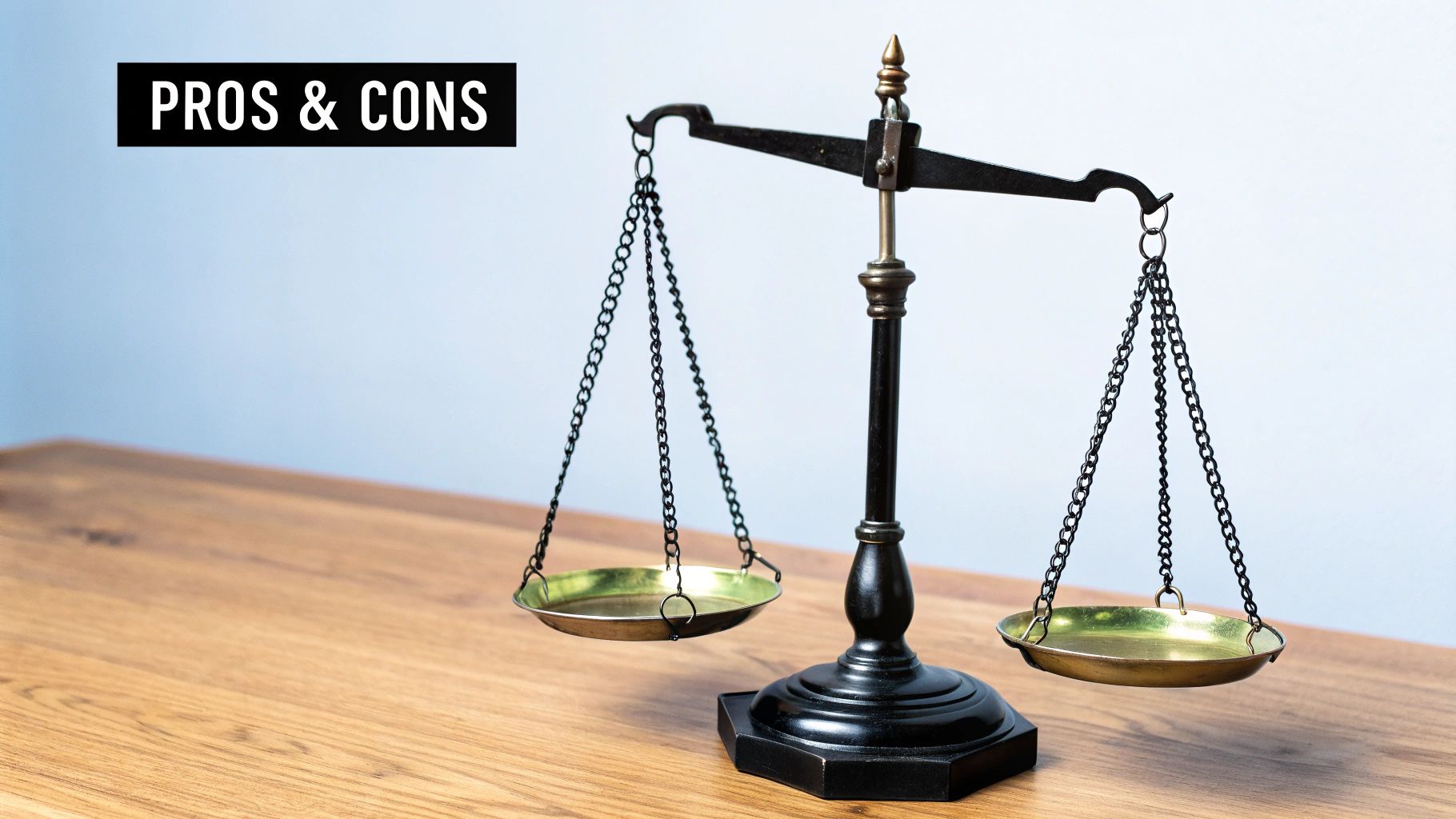 A digital illustration showing a balanced scale with a plus sign on one side and a minus sign on the other, symbolizing pros and cons.