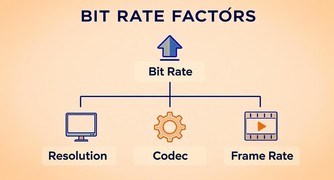 A diagram illustrating the factors influencing video bit rate: Resolution, Codec, and Frame Rate.