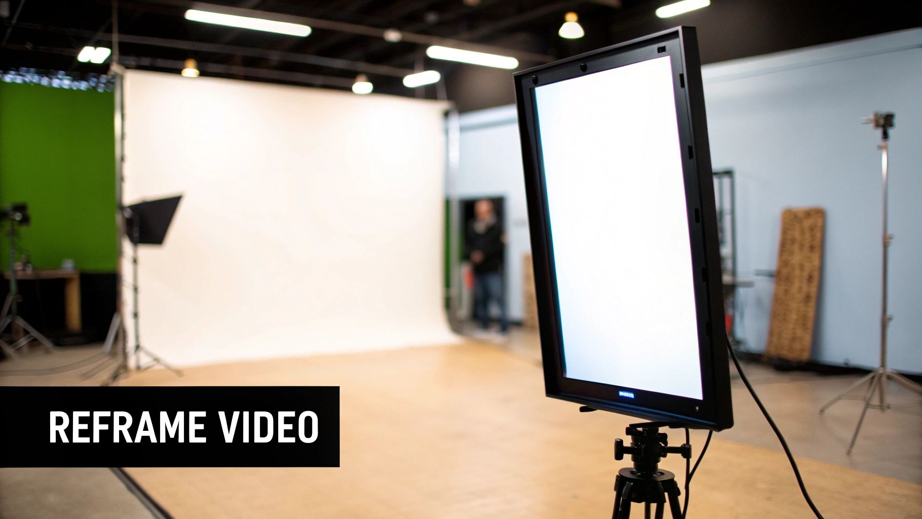 A professional video production studio featuring a white backdrop, green screen, and bright LED light on a tripod.