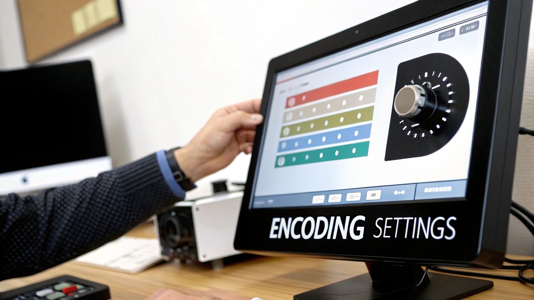 Person adjusting encoding settings on monitor screen with colorful data visualization and security dial