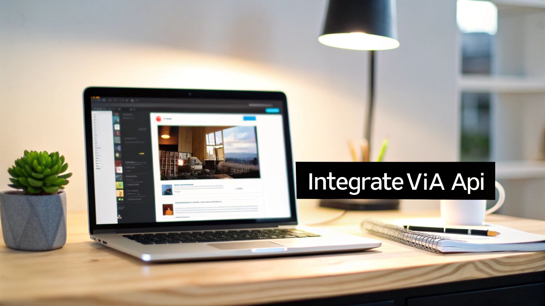 A laptop displaying a video content platform on a wooden desk with a plant and lamp.