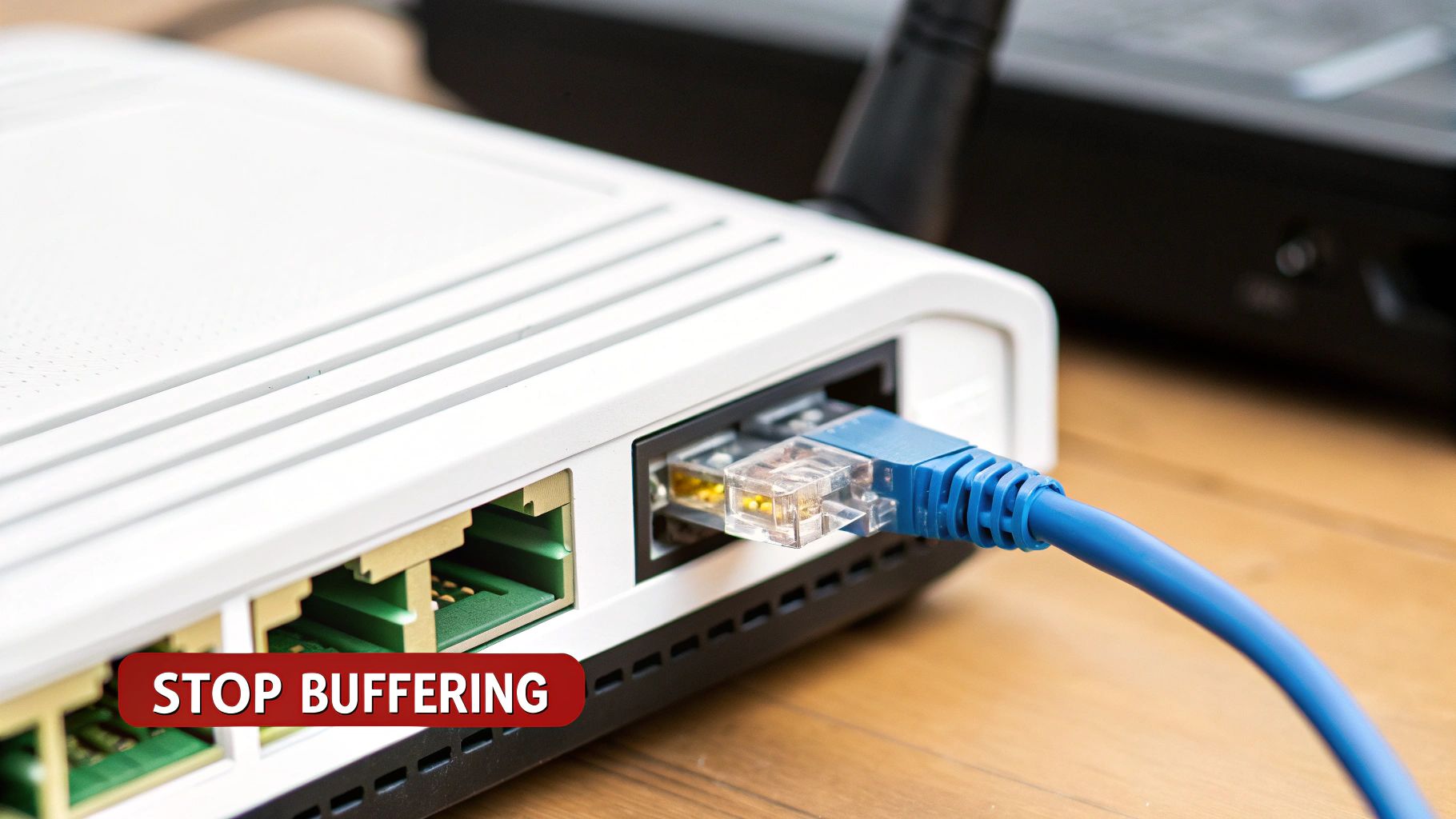 An Ethernet cable being plugged into a router, symbolizing a direct and stable connection.