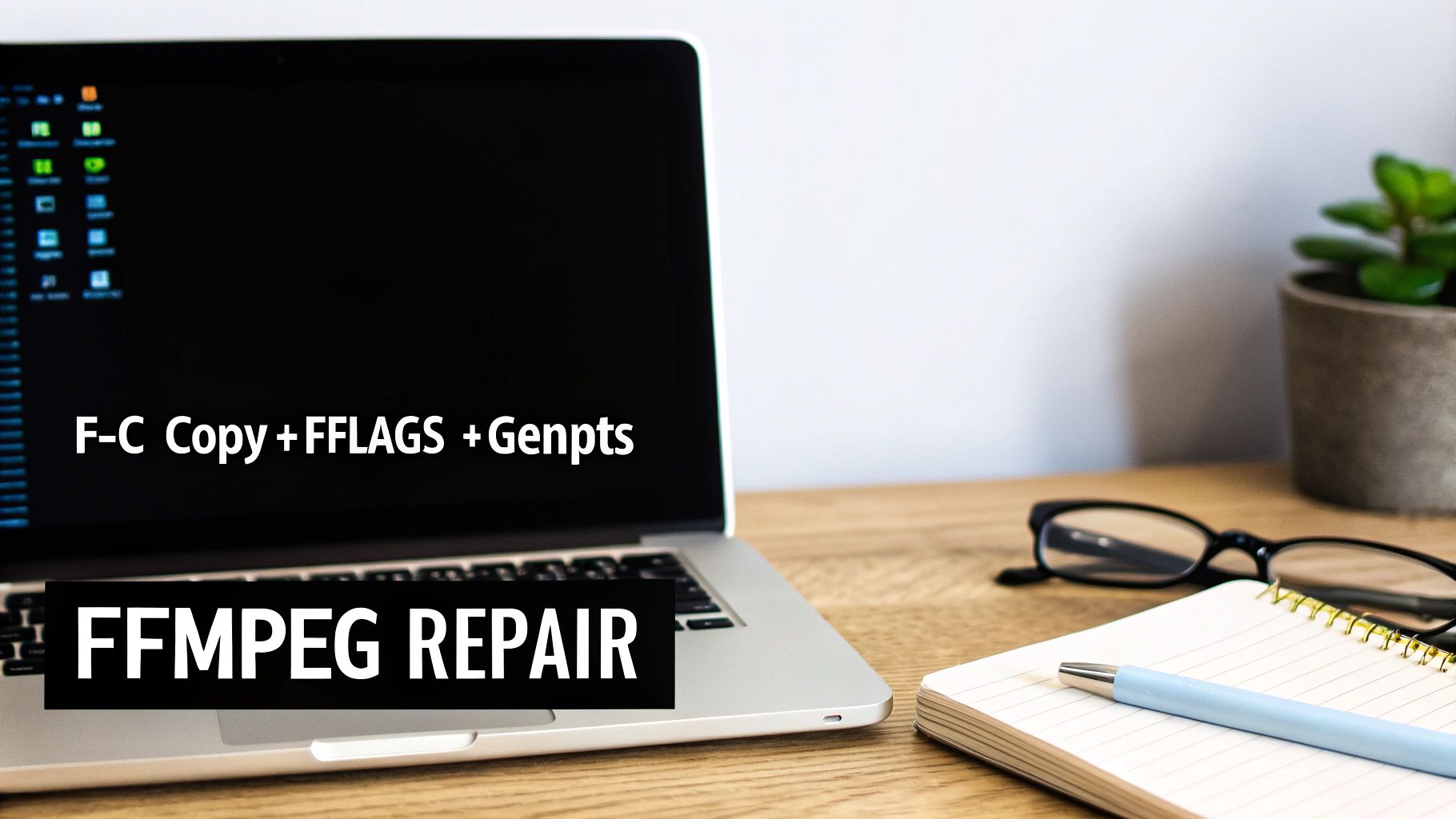 A laptop on a wooden desk displays "F-C Copy +FFLAGS + Genpts" and "FFMPEG REPAIR" with a notebook, pen, and glasses.