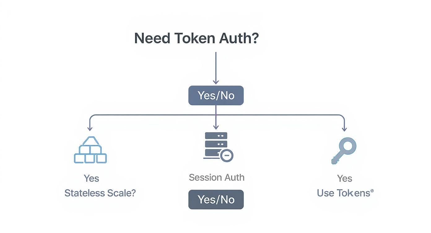 Flowchart diagram showing token authentication decision tree with stateless scale and session auth options