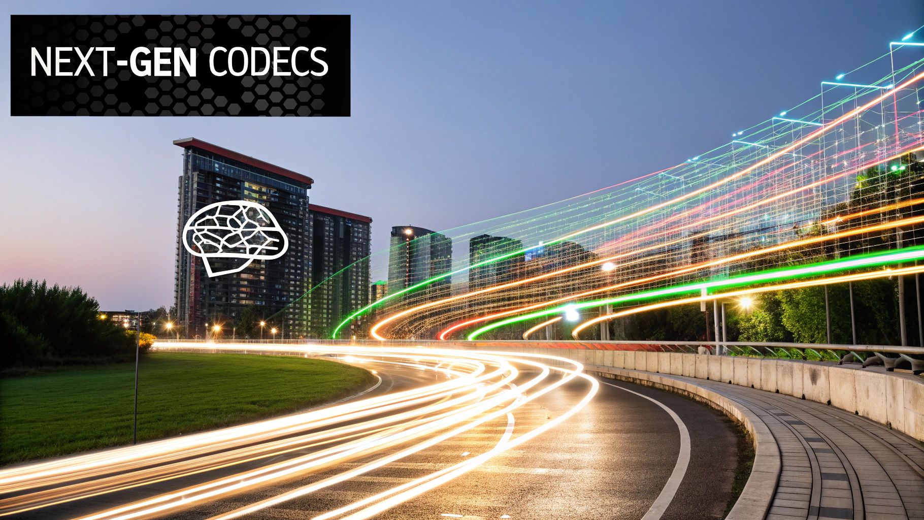 A futuristic graphic illustrating the concept of AI analyzing a video stream for intelligent compression