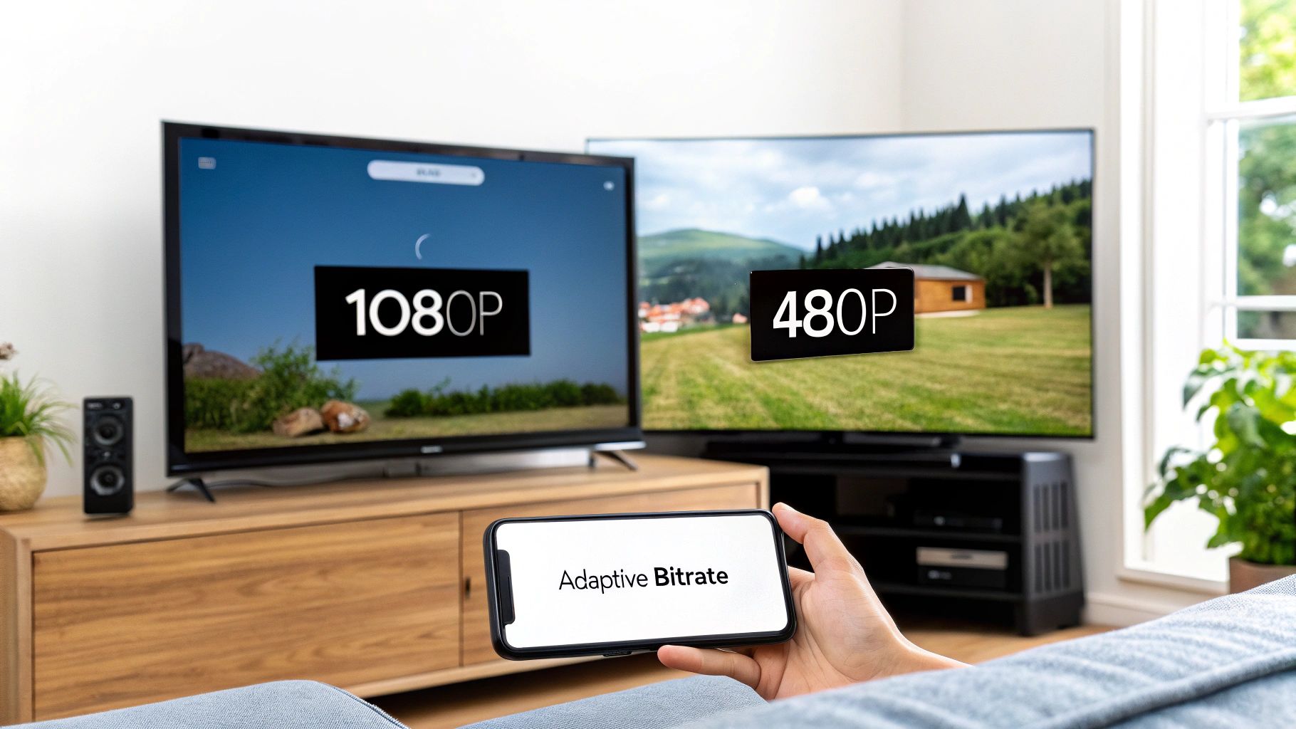 A visual representation of adaptive bitrate streaming with different quality streams for different network conditions.