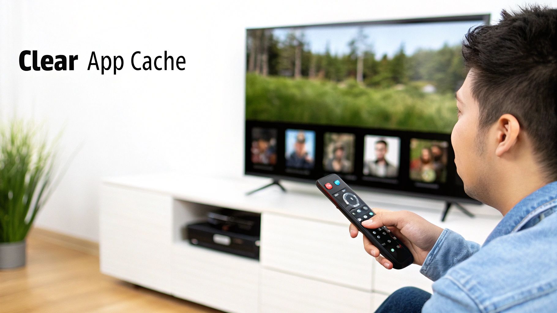 A close-up shot of a person using a remote control to navigate a smart TV's app settings menu, symbolizing device-level optimization for streaming.