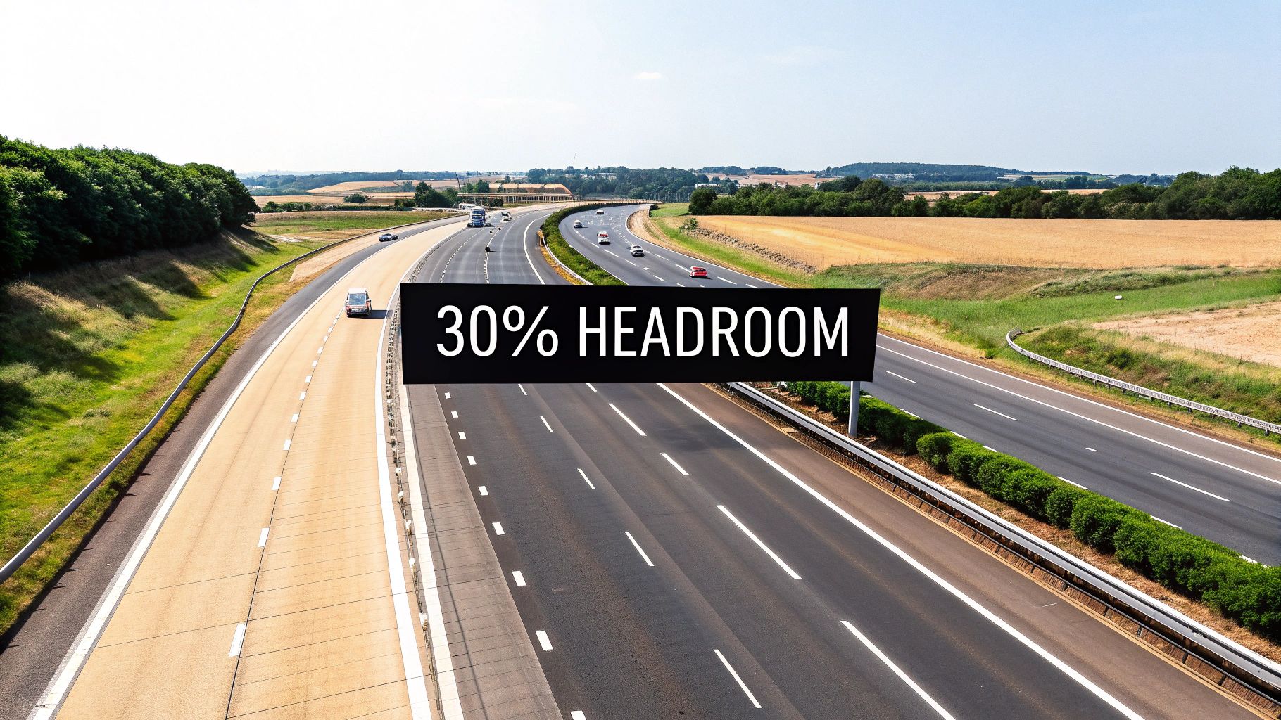 An overhead view of a multi-lane highway with cars, surrounded by fields and trees, featuring a '30% HEADROOM' sign.