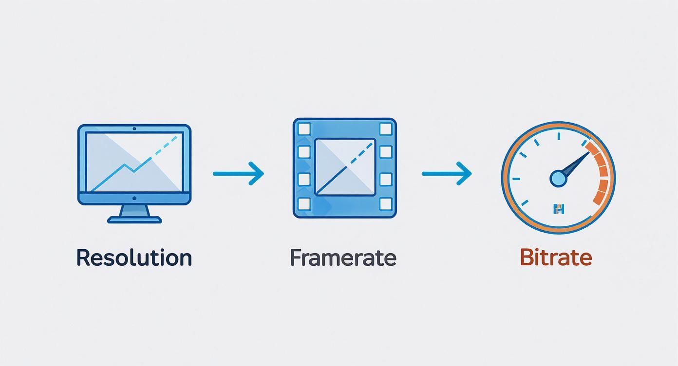An infographic showing a process flow for encoder settings, from Resolution to Framerate to Bitrate.