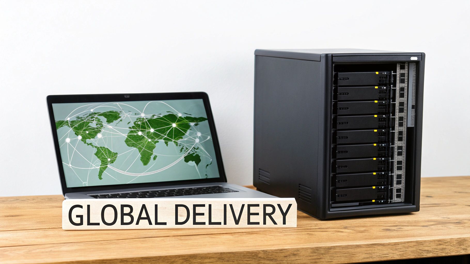 A laptop displays a global network map next to a server, with a 'GLOBAL DELIVERY' sign on a desk.