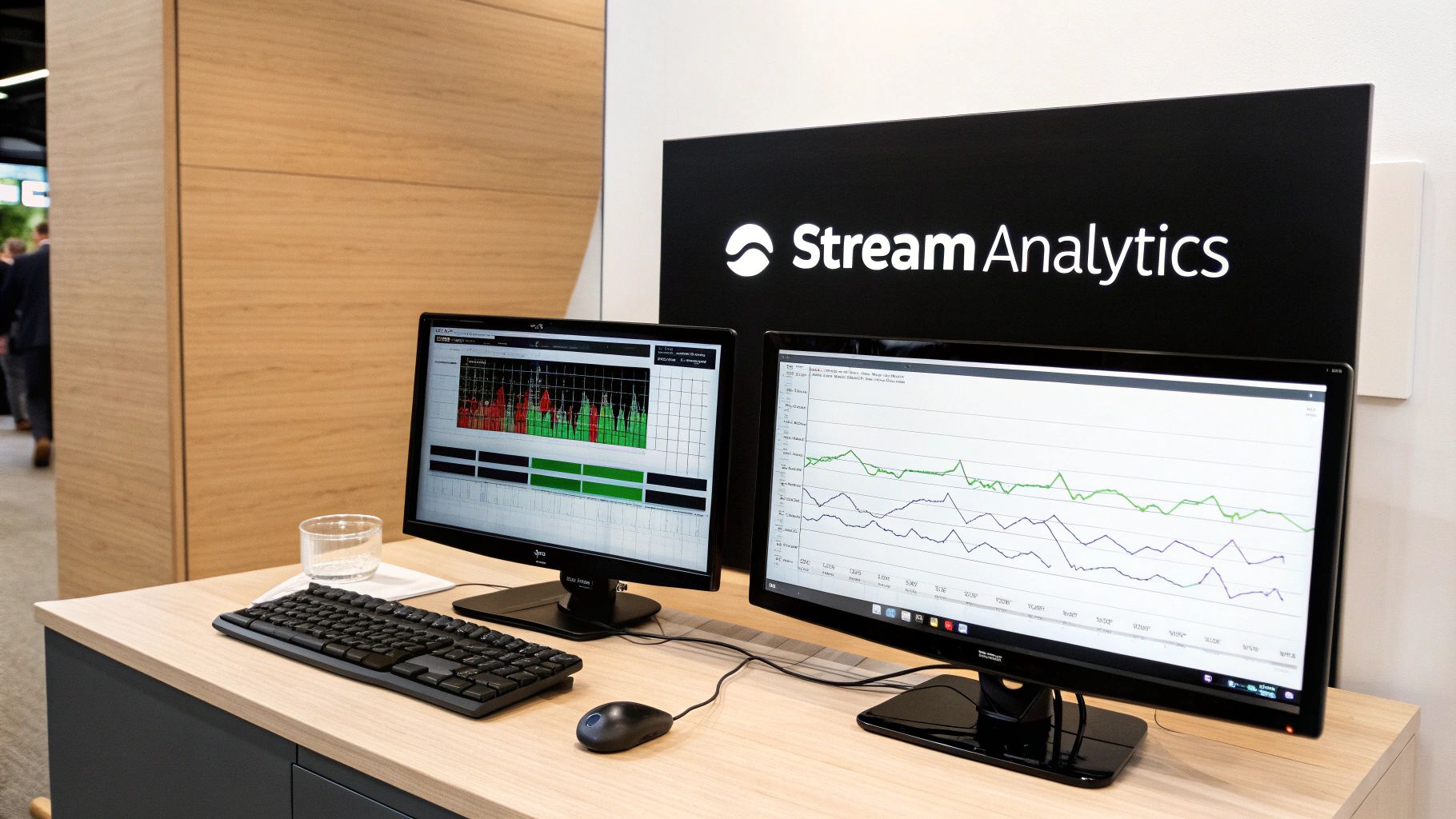 Two computer monitors on a desk displaying Stream Analytics data with charts and graphs.
