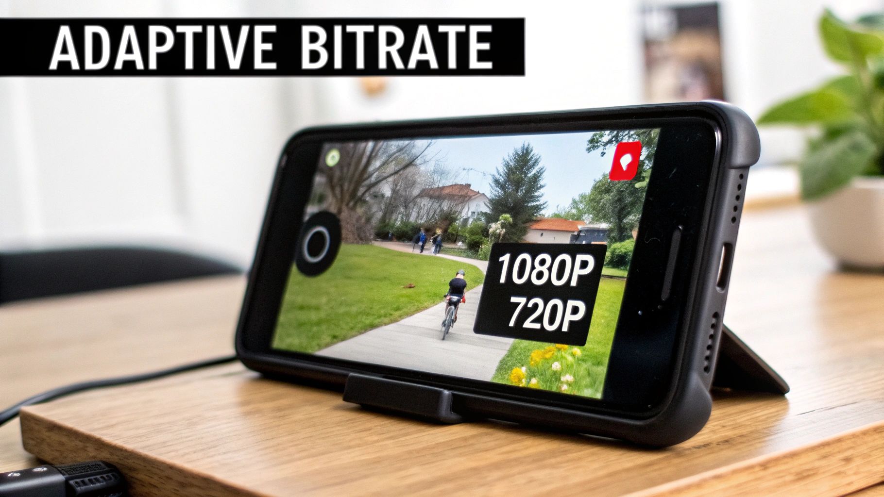 A smartphone demonstrates adaptive bitrate video, showing 1080P and 720P resolution options for streaming.