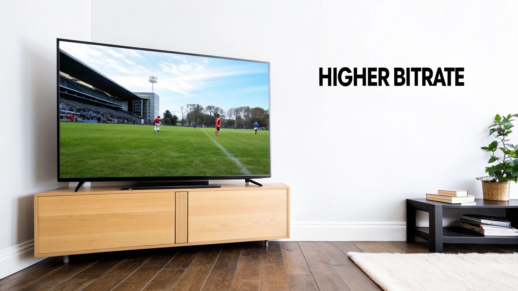 A high-resolution image on a monitor next to a low-resolution, pixelated version, visually representing the impact of bitrate.