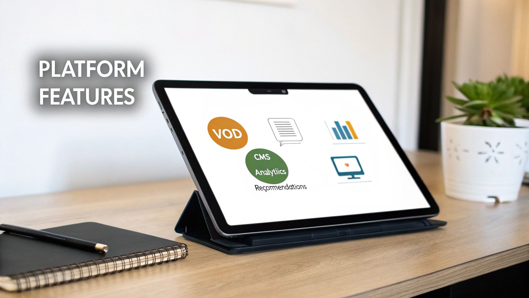 A person pointing at a screen showing various video thumbnails, representing a video on demand platform's features
