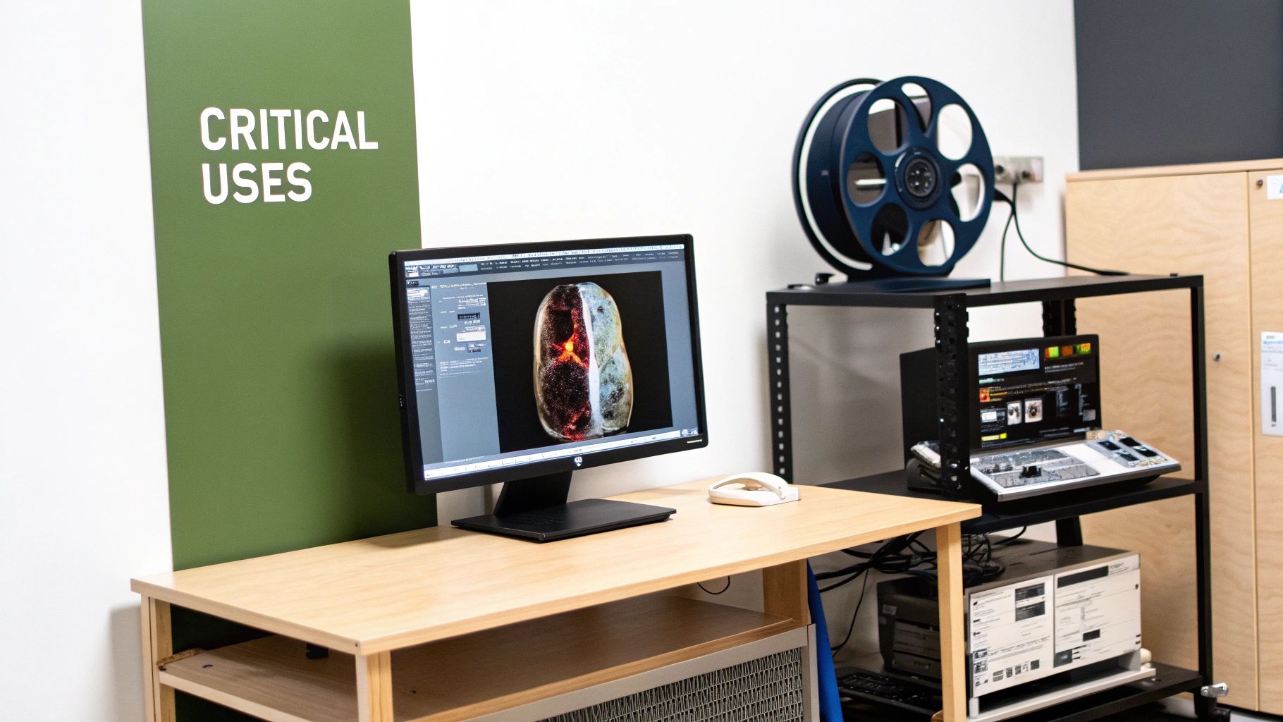 A technical workspace with a monitor displaying a colorful scan, a film reel, and video editing equipment.