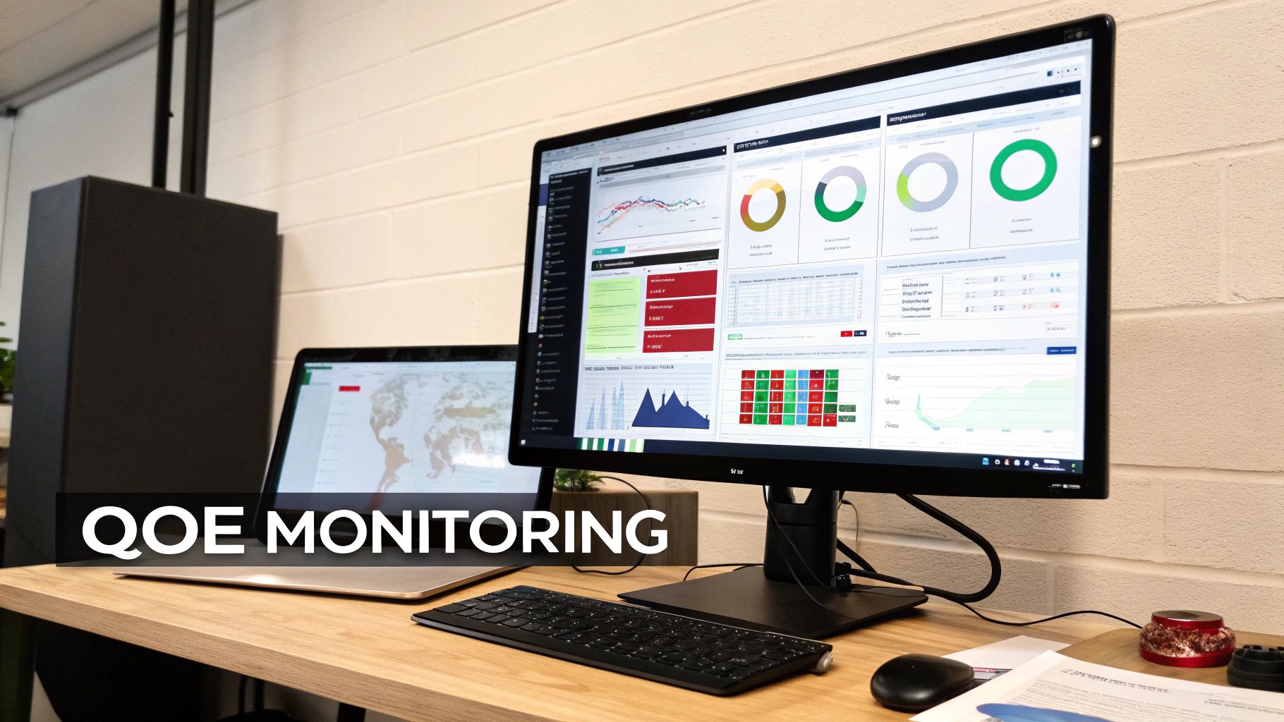 Dual monitor setup displaying QOE monitoring dashboards with analytics charts, graphs, and performance metrics