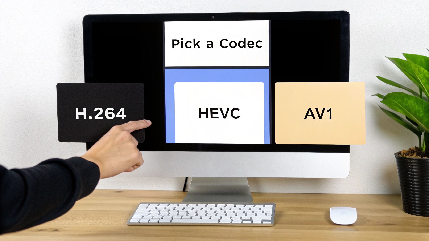A visual representation of different video codecs like H.264, HEVC, and AV1 icons.