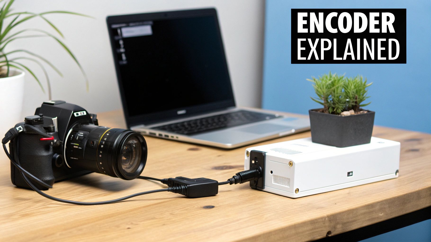 A close-up of a video encoder's circuit board with glowing lights, symbolizing the complex process.