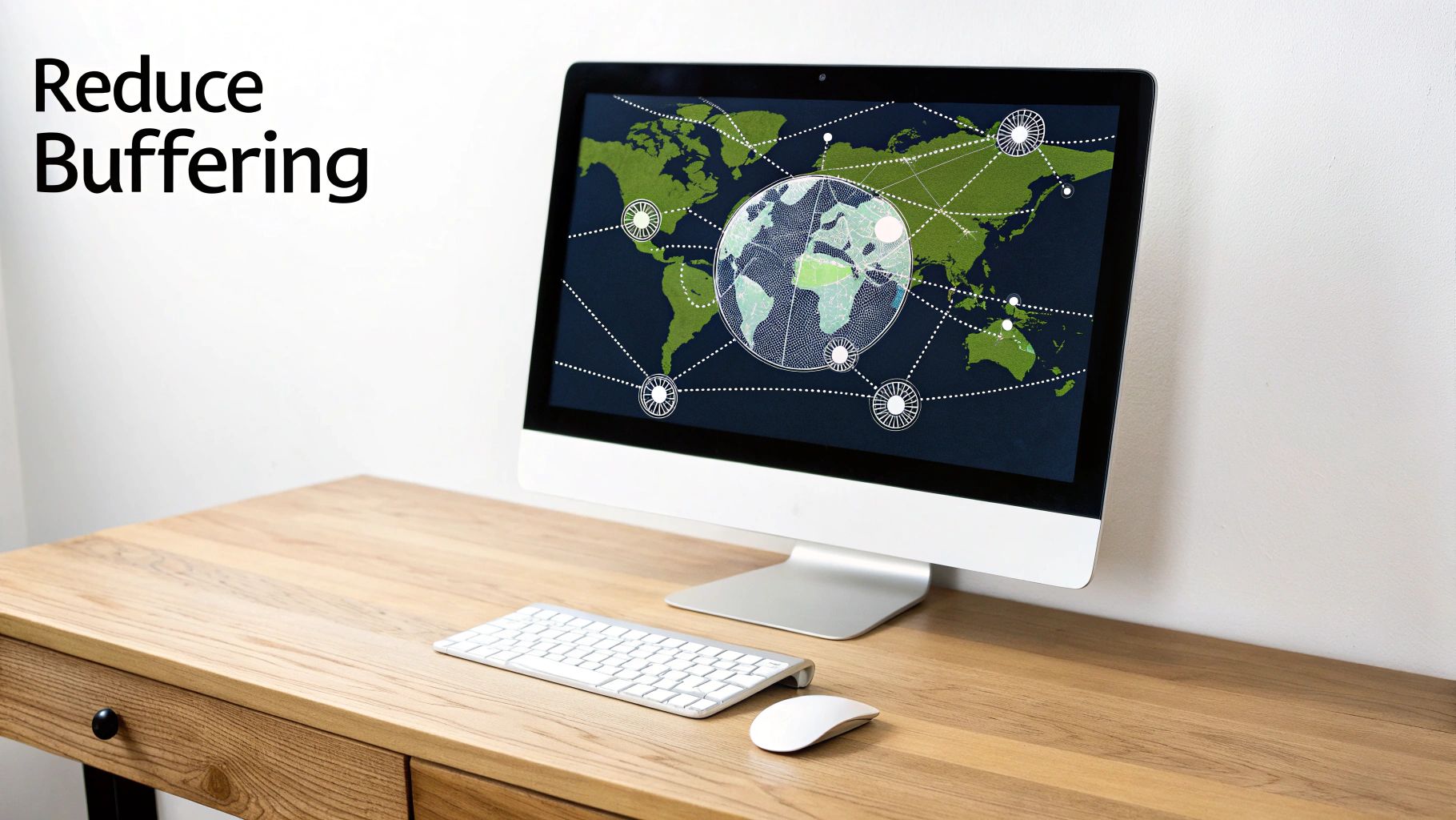 Computer screen showing a global network map, keyboard, mouse, and text 'Reduce Buffering' on a desk.