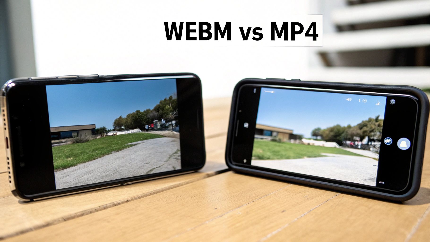 Two smartphones displaying video side-by-side on a wooden table, comparing WEBM vs MP4 formats.