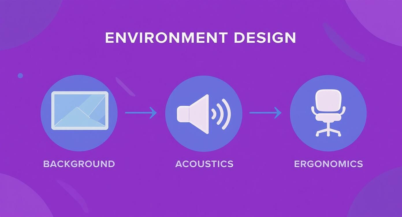 Infographic showing the process flow of designing a streaming environment, with icons for Background, Acoustics, and Ergonomics.