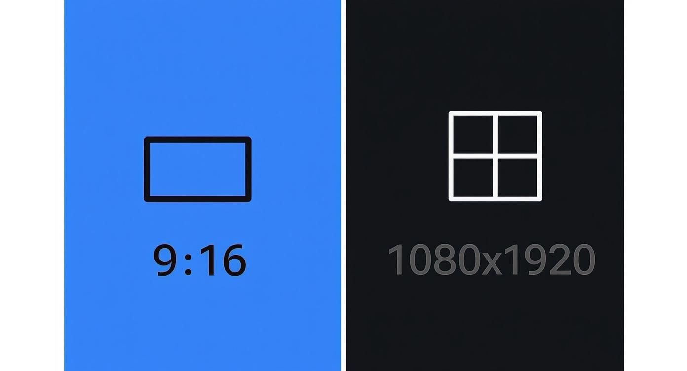 Graphic illustrating vertical video dimensions: 9:16 aspect ratio and 1080x1920 resolution for screens.