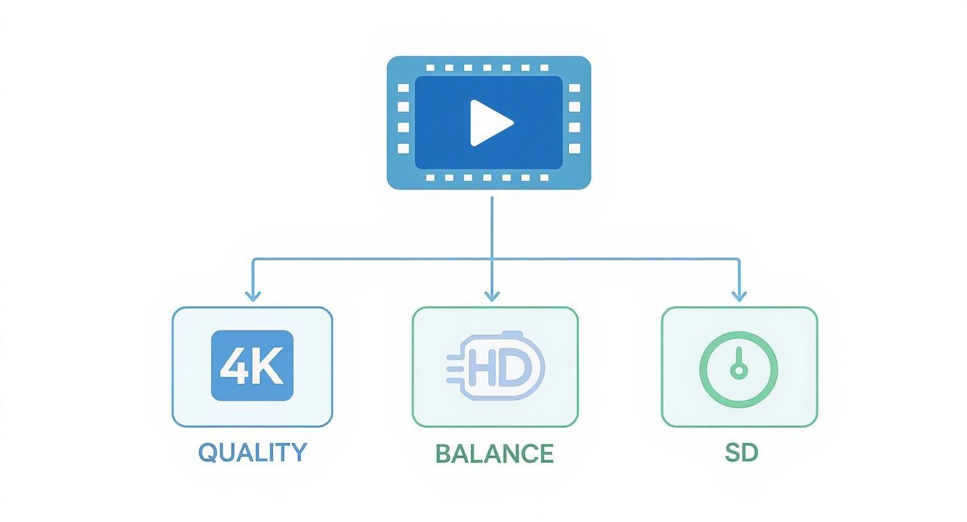 Diagram illustrating a video file being processed into different quality formats: 4K (Quality), HD (Balance), and SD.