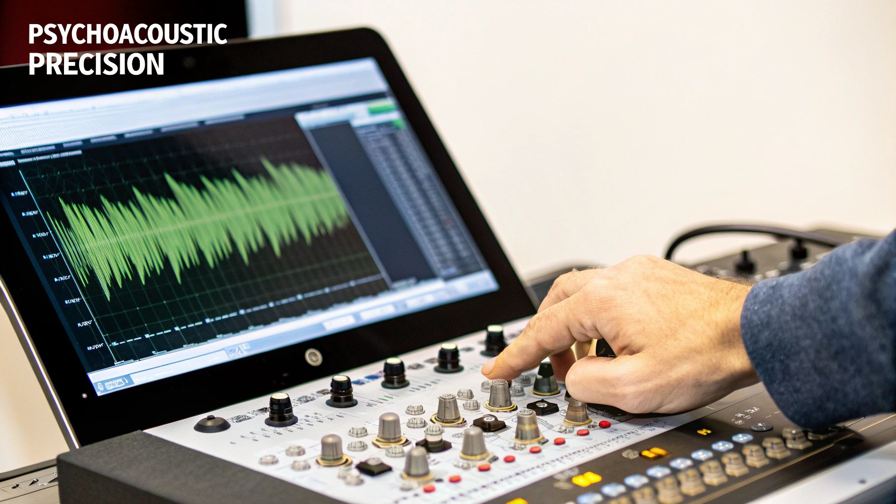 A person's hand adjusts controls on an audio mixing console with a waveform on a laptop screen.